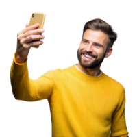 Smiling man taking a selfie on transparent background png