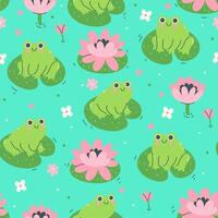 Seamless pattern with cute frogs and water lilies. graphics. vector