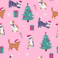 Seamless pattern with Christmas cats, trees and gifts. graphics vector