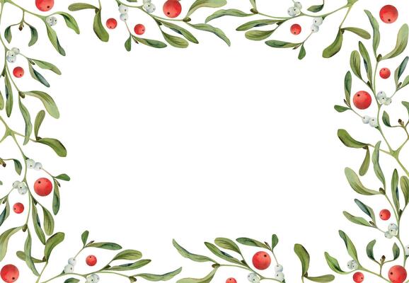 Mistletoe branches with green leaves and white berries. Watercolor hand drawn illustration, border frame isolated on white. Xmas, happy new year festive, noel navidad. Cards, gifts, florist wedding