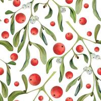 Mistletoe branches with green leaves, red and white berries. Watercolor hand drawn illustration, seamless pattern isolated on white. Xmas, happy new year festive, noel navidad. Print paper, textile vector