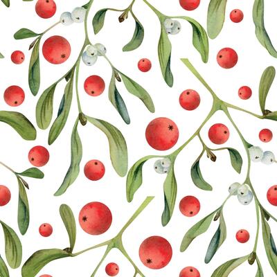 Mistletoe branches with green leaves, red and white berries. Watercolor hand drawn illustration, seamless pattern isolated on white. Xmas, happy new year festive, noel navidad. Print paper, textile