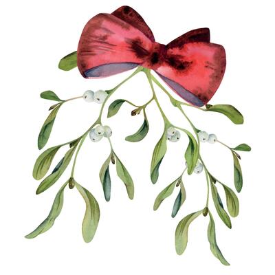 Mistletoe branches with berries, red satin atlas ribbon bow. Watercolor hand drawn illustration, composition isolated on white. Xmas, happy new year festive, noel navidad holiday. For cards, gifts.