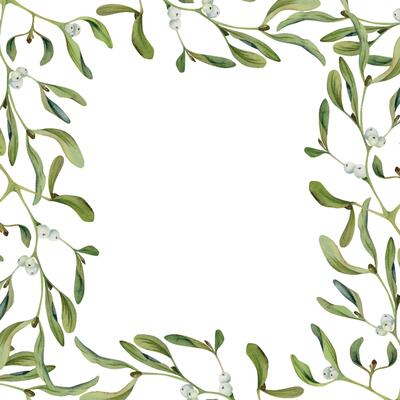 Mistletoe branches with green leaves and white berries. Watercolor hand drawn illustration, border frame isolated on white. Xmas, happy new year festive, noel navidad. Cards, gifts, florist wedding