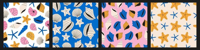 Seashells seamless pattern set in vibrant colors. Summer pattern collection of sea scallop for wrapping paper, wallpaper, notebook cover. vector