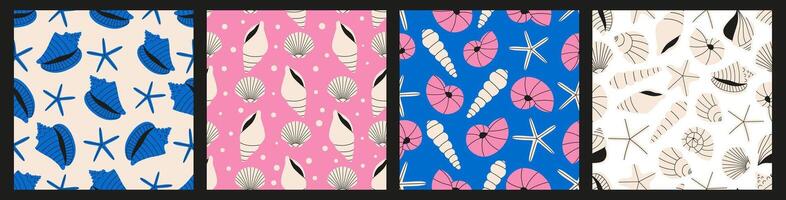 Seashells seamless pattern set in vibrant colors. Summer pattern collection of sea scallop for wrapping paper, wallpaper, notebook cover. vector