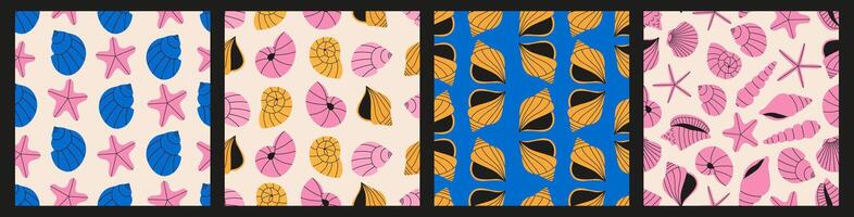 Seashells seamless pattern set in vibrant colors. Summer pattern collection of sea scallop for wrapping paper, wallpaper, notebook cover. vector