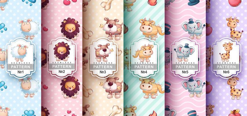 Set cartoon character animals and patterns