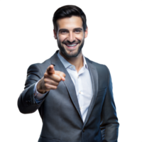 Confident smiling businessman pointing forward on transparent background png