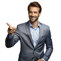 Confident businessman in suit pointing and smiling on transparent background png