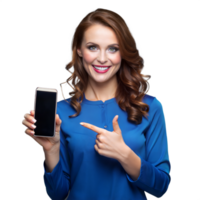 Smiling woman pointing at smartphone on transparent background png