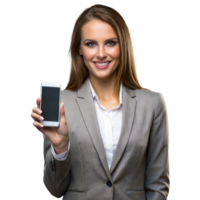 Professional woman displaying smartphone with confidence on transparent background png