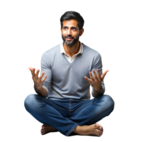 Man sitting cross-legged gesturing with hands on transparent background png