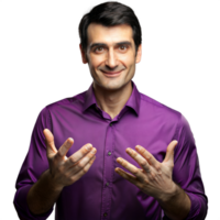 Confident man explaining with gestures on transparent background png