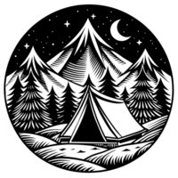 A monochrome design features a camping scene set in a tranquil forest under a starry night sky with a prominent moon png