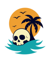A skull is set against a backdrop of what appears to be a setting sun with palm trees and flying birds png