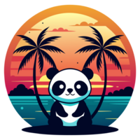 en panda sitter tyst i främre av en vibrerande bakgrund terar ett överdimensionerad solnedgång och silhouetted handflatan träd png