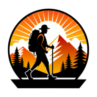 A hiker with a backpack treks across a stylized landscape set within a circular frame, which features mountains, trees, and a radiant sun in the background. png