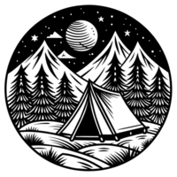 A monochrome design features a camping scene set in a tranquil forest under a starry night sky with a prominent moon png