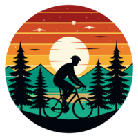 a man cycling is set against a circular backdrop with horizontal stripes in varying hues of orange, red, and green. png