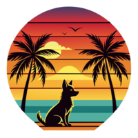 A silhouette of a dog sits peacefully before a vibrant sunset with layered bands of warm colors that give a gradient effect png