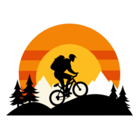 a man cycling is set against a circular backdrop with horizontal stripes in varying hues of orange, red, and green. png