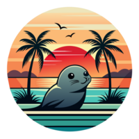 A seal is depicted in the foreground on what appears to be a peaceful beach setting with a vividly colored sunset in the background png