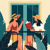 Two girlfriends are reading a book and drinking red wine on the balcony. Tropical leaves. Summer mood. vector
