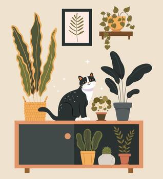 Cozy room interior with cat sitting on cupboard or sideboard, houseplants in pots, wall picture, basket. Composition with furniture and home decorations in hygge style. Flat illustration. vector