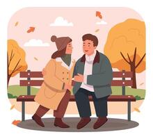 Man and woman have a date in the park. Romantic couple sitting on a bench and smiling. Two lovers spend time together. illustration in flat cartoon style vector