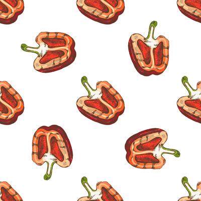 Organic food. Hand-drawn seamless pattern of half grilled bell pepper. Vintage illustration. Decorations for the menu of cafes and labels.