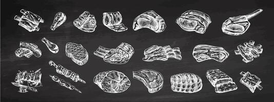 Set of hand-drawn sketches of different types of meat, steaks, ribs, chicken, kebabs, bacon, tenderloin, pork, beef, ham, barbecue. Vintage illustration on chalkboard background. vector