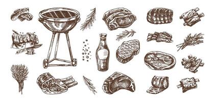 Set of hand-drawn sketches of barbecue elements. For the design of the menu of restaurants and cafes, grilled food. Doodle vintage illustration. Engraved image. vector