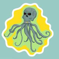 Skull sticker with tentacles and glowing red eyes. illustration of a skull crawling somewhere with the help of gray appendages of tentacles vector