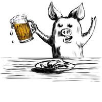 Monochrome drawing of a glass of beer in the hands of a pig. illustration a pig is telling something enthusiastically sitting at the table drinking beer. There is a piece of chicken on the vector