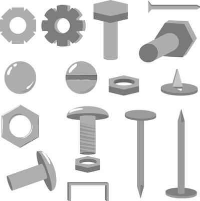 icons hardware metal art. rivets bolts and nails with screws. illustration Conventional nuts gears and brackets. metal consumables for construction and repair in the house and on the street.