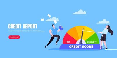 Man and woman push credit score arrow gauge speedometer indicator with color levels. vector