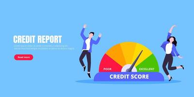 Man and woman push credit score arrow gauge speedometer indicator with color levels. vector
