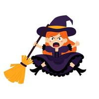 Funny witch character with a broom. Witch in flat style on a white background. Halloween. Cartoon kids Halloween character. vector