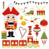 Nutcracker. Christmas nutcracker with different decorative elements in flat style on a white background. Christmas set of illustrations. Christmas character. vector