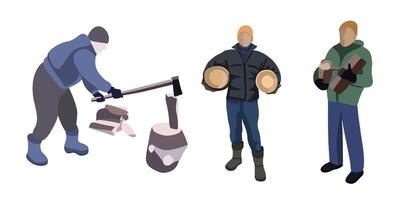 Set of men preparing firewood on a white background. vector