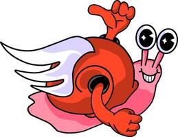 racer snail with winged red shell signifying speed, groovy retro cartoon style snail vector