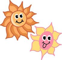 pair of colorful sunflower mascots happy expression in groovy cartoon style vector