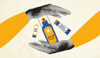 Halftone hands holding sunscreen products collage banner with spf cream lotion and copy space for text. Modern retro illustration for mixed media design vector