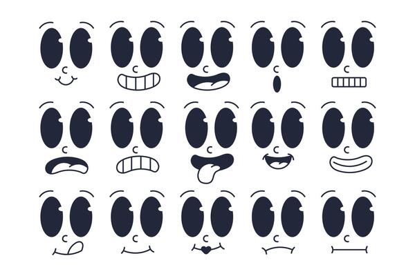 Set of Retro Cartoon Expressions Vintage Style Emoji Faces