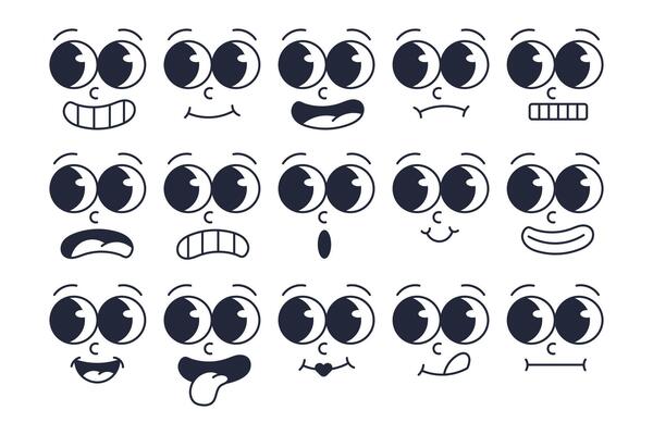 Set of Retro Cartoon Expressions Collection. Vintage Style Emoji Faces