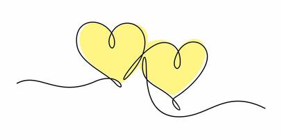 Two linked heart, continuous one line drawing. Two heart hand drawn, black and white minimalist illustration of love concept. vector