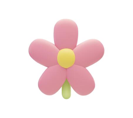 Flower with pink petals and yellow center 3d render plastic imitation illustration isolated on white.