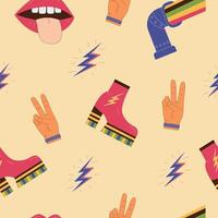 The 70s style seamless pattern with funky retro illustrations. vector
