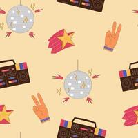 The 70s style seamless pattern with retro illustrations of disco ball, boom box, hand showing peace and star. vector